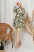 Tesettür giyim YEŞİL DESENLİ ZİNCİR DETAYLI ÜÇLÜ PANTOLONLU TAKIM T 8133