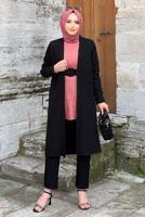 Tesettür giyim SİYAH KEMERLİ İKİLİ DÜZ KESİM PANTOLONLU TAKIM T 8137