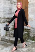 Tesettür giyim SİYAH KEMERLİ İKİLİ DÜZ KESİM PANTOLONLU TAKIM T 8137