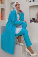 Tesettür giyim MAVİ KEMERLİ İKİLİ DÜZ KESİM PANTOLONLU TAKIM T 8137