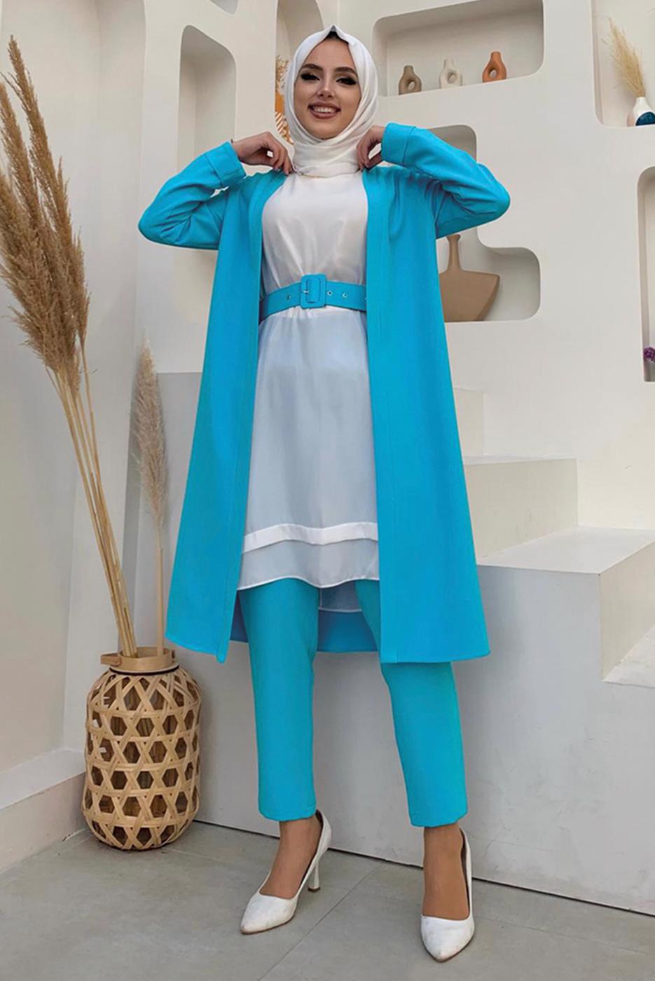 Tesettür giyim MAVİ KEMERLİ İKİLİ DÜZ KESİM PANTOLONLU TAKIM T 8137