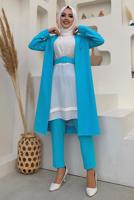 Tesettür giyim MAVİ KEMERLİ İKİLİ DÜZ KESİM PANTOLONLU TAKIM T 8137