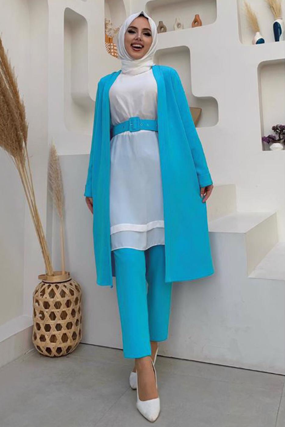 Tesettür giyim MAVİ KEMERLİ İKİLİ DÜZ KESİM PANTOLONLU TAKIM T 8137