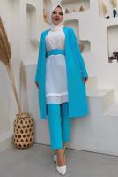 Tesettür giyim MAVİ KEMERLİ İKİLİ DÜZ KESİM PANTOLONLU TAKIM T 8137