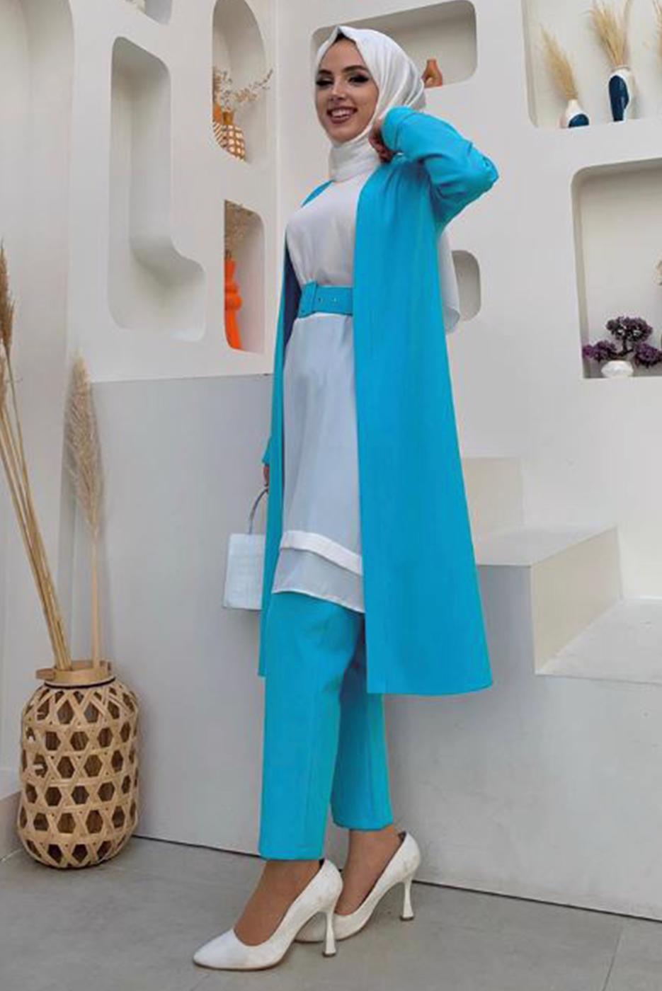 Tesettür giyim MAVİ KEMERLİ İKİLİ DÜZ KESİM PANTOLONLU TAKIM T 8137