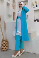 Tesettür giyim MAVİ KEMERLİ İKİLİ DÜZ KESİM PANTOLONLU TAKIM T 8137