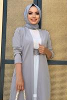 Tesettür giyim GRİ KEMERLİ İKİLİ DÜZ KESİM PANTOLONLU TAKIM T 8137