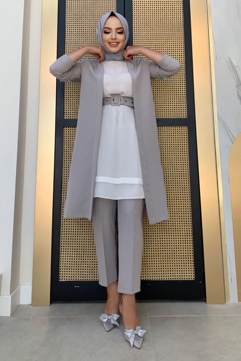 Tesettür giyim GRİ KEMERLİ İKİLİ DÜZ KESİM PANTOLONLU TAKIM T 8137