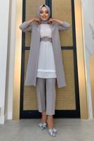 Tesettür giyim GRİ KEMERLİ İKİLİ DÜZ KESİM PANTOLONLU TAKIM T 8137