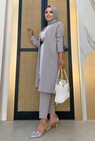 Tesettür giyim GRİ KEMERLİ İKİLİ DÜZ KESİM PANTOLONLU TAKIM T 8137