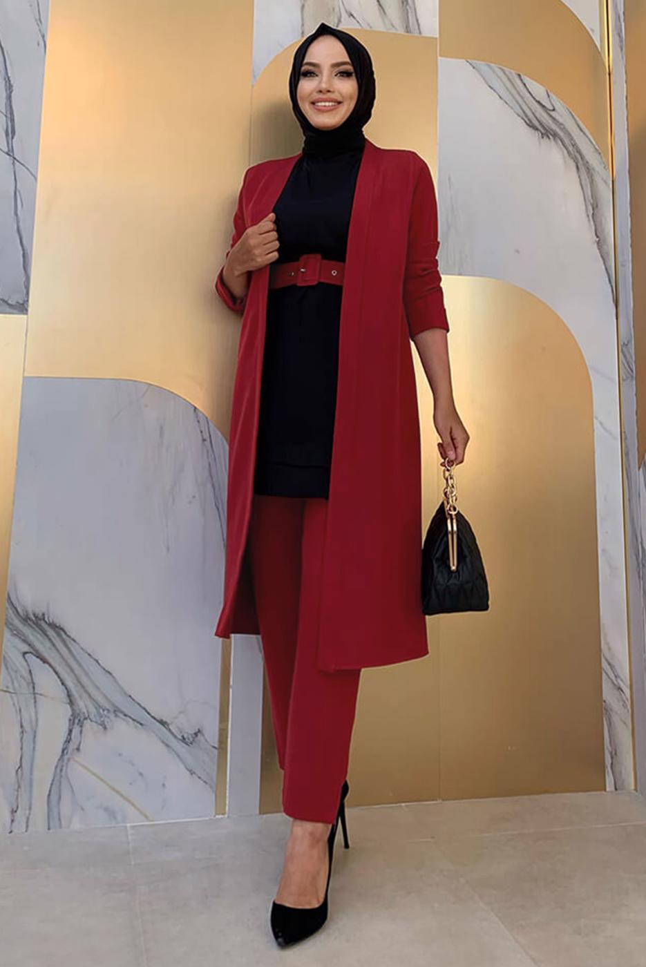 Tesettür giyim BORDO KEMERLİ İKİLİ DÜZ KESİM PANTOLONLU TAKIM T 8137