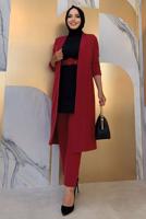 Tesettür giyim BORDO KEMERLİ İKİLİ DÜZ KESİM PANTOLONLU TAKIM T 8137