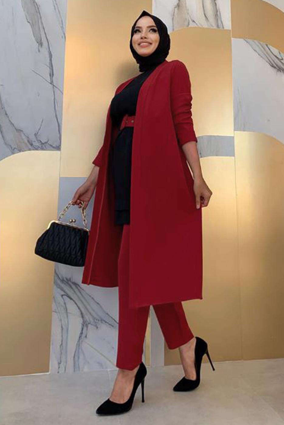 Tesettür giyim BORDO KEMERLİ İKİLİ DÜZ KESİM PANTOLONLU TAKIM T 8137