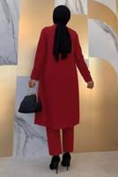 Tesettür giyim BORDO KEMERLİ İKİLİ DÜZ KESİM PANTOLONLU TAKIM T 8137