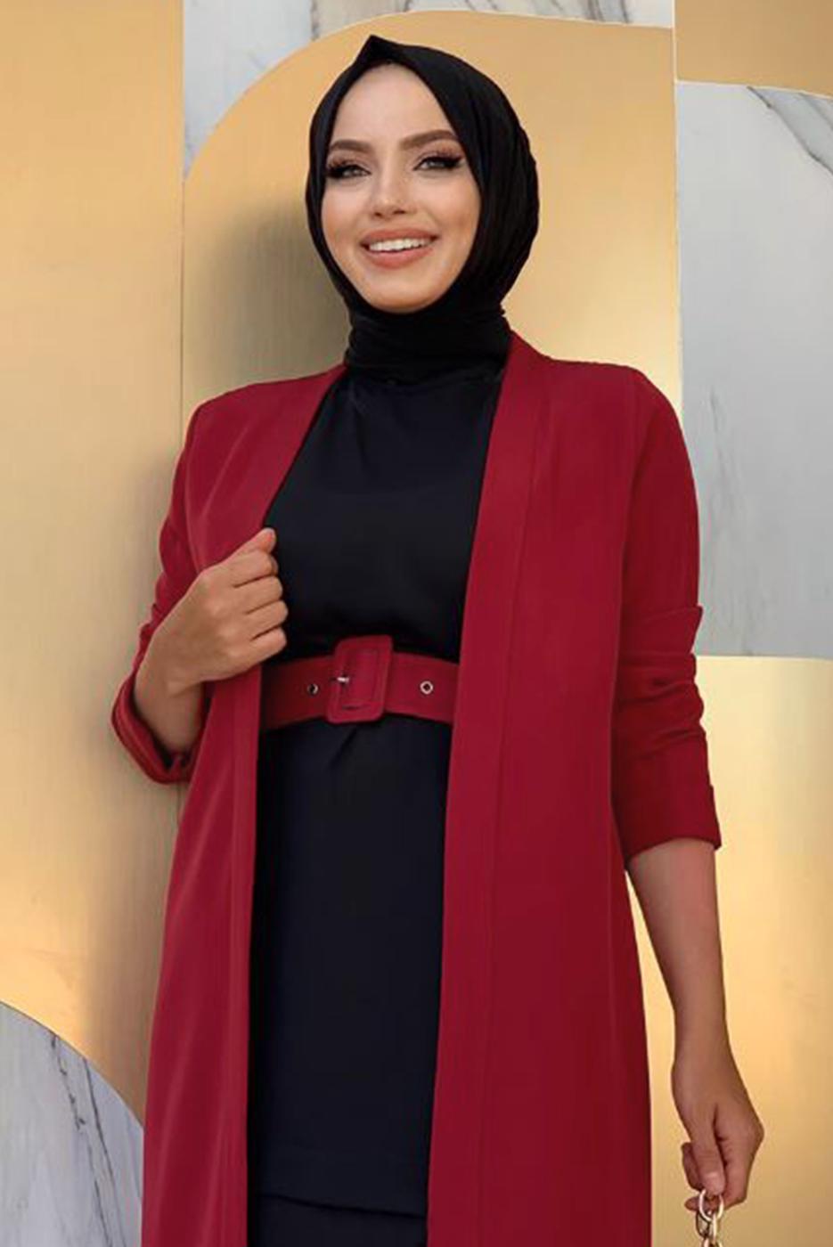 Tesettür giyim BORDO KEMERLİ İKİLİ DÜZ KESİM PANTOLONLU TAKIM T 8137