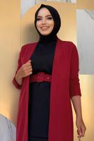 Tesettür giyim BORDO KEMERLİ İKİLİ DÜZ KESİM PANTOLONLU TAKIM T 8137