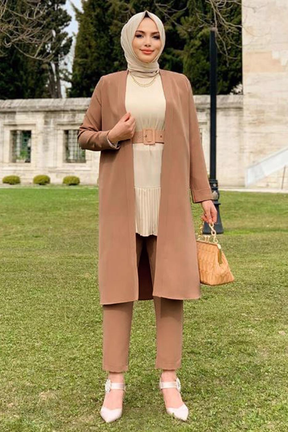 Tesettür giyim TABA KEMERLİ İKİLİ DÜZ KESİM PANTOLONLU TAKIM T 8137