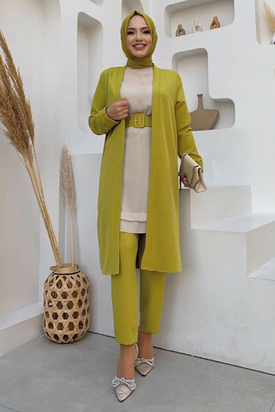 Tesettür giyim YEŞİL KEMERLİ İKİLİ DÜZ KESİM PANTOLONLU TAKIM T 8137
