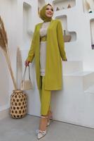 Tesettür giyim YEŞİL KEMERLİ İKİLİ DÜZ KESİM PANTOLONLU TAKIM T 8137