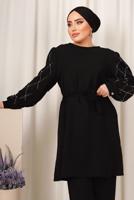 Tesettür giyim SİYAH KOLU TAŞ BASKILI KUŞAKLI PANTOLONLU TAKIM T 8203