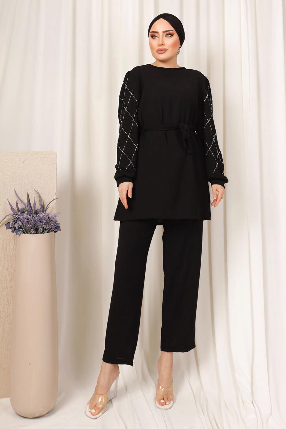 Tesettür giyim SİYAH KOLU TAŞ BASKILI KUŞAKLI PANTOLONLU TAKIM T 8203