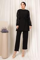 Tesettür giyim SİYAH KOLU TAŞ BASKILI KUŞAKLI PANTOLONLU TAKIM T 8203