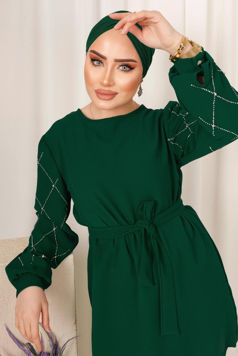 Tesettür giyim YEŞİL KOLU TAŞ BASKILI KUŞAKLI PANTOLONLU TAKIM T 8203