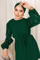 Tesettür giyim YEŞİL KOLU TAŞ BASKILI KUŞAKLI PANTOLONLU TAKIM T 8203