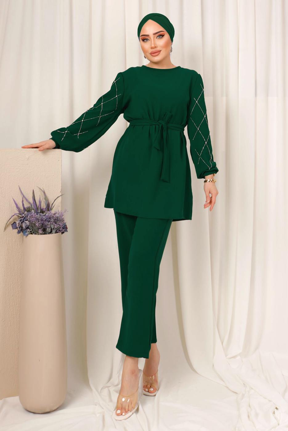 Tesettür giyim YEŞİL KOLU TAŞ BASKILI KUŞAKLI PANTOLONLU TAKIM T 8203