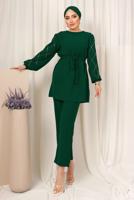 Tesettür giyim YEŞİL KOLU TAŞ BASKILI KUŞAKLI PANTOLONLU TAKIM T 8203