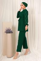 Tesettür giyim YEŞİL KOLU TAŞ BASKILI KUŞAKLI PANTOLONLU TAKIM T 8203