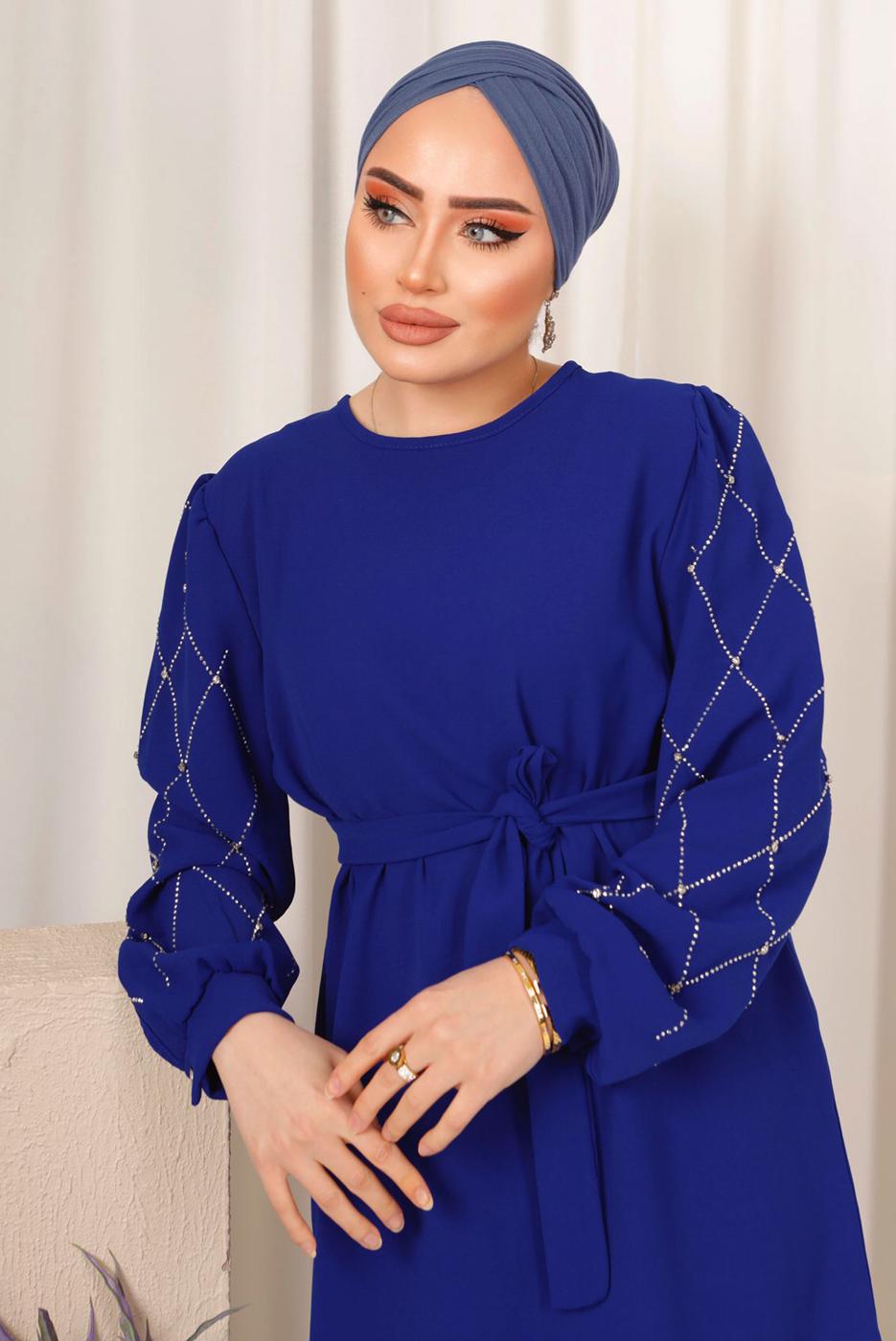 Tesettür giyim LACİVERT KOLU TAŞ BASKILI KUŞAKLI PANTOLONLU TAKIM T 8203