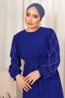 Tesettür giyim LACİVERT KOLU TAŞ BASKILI KUŞAKLI PANTOLONLU TAKIM T 8203