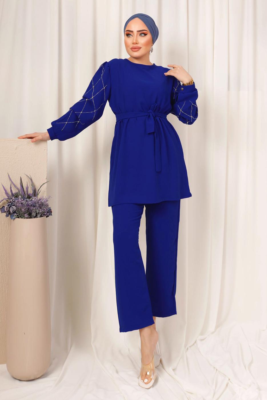 Tesettür giyim LACİVERT KOLU TAŞ BASKILI KUŞAKLI PANTOLONLU TAKIM T 8203