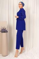 Tesettür giyim LACİVERT KOLU TAŞ BASKILI KUŞAKLI PANTOLONLU TAKIM T 8203