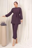 Tesettür giyim MOR KOLU TAŞ BASKILI KUŞAKLI PANTOLONLU TAKIM T 8203