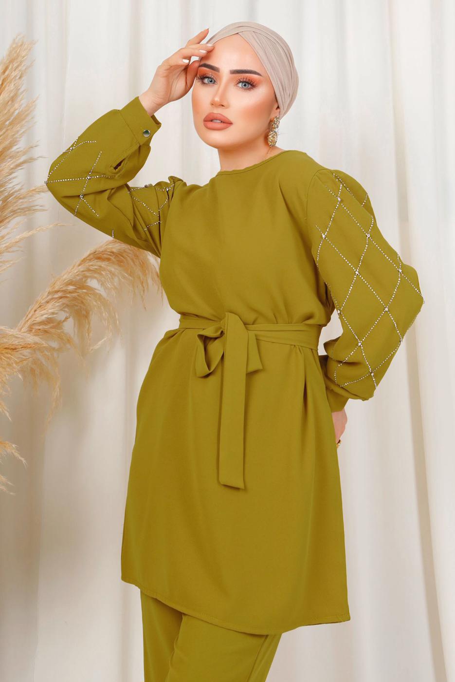 Tesettür giyim YEŞİL KOLU TAŞ BASKILI KUŞAKLI PANTOLONLU TAKIM T 8203
