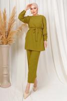 Tesettür giyim YEŞİL KOLU TAŞ BASKILI KUŞAKLI PANTOLONLU TAKIM T 8203