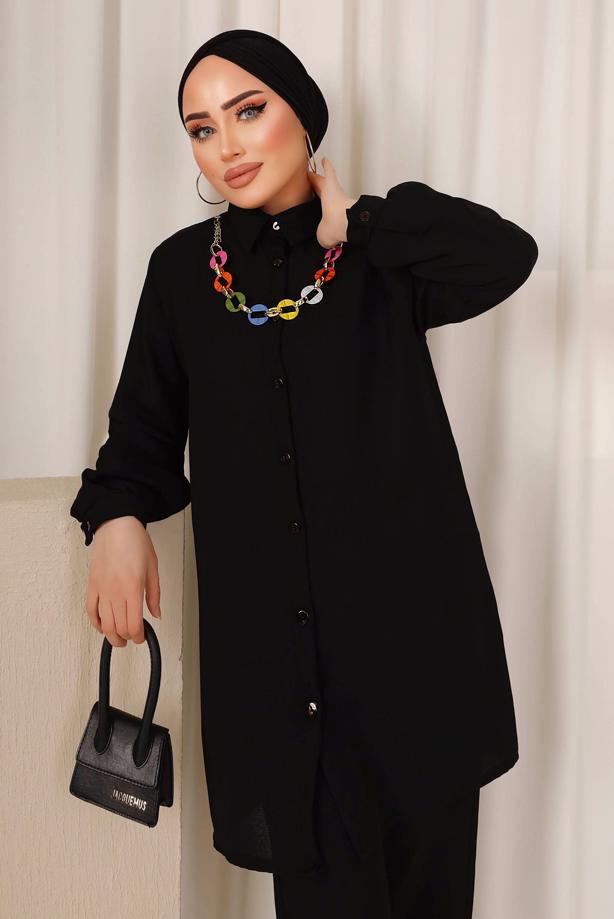 Tesettür giyim  RENKLİ ZİNCİR DETAYLI DÜĞMELİ PANTOLONLU TAKIM T 8303 - TRENDTESETTÜR