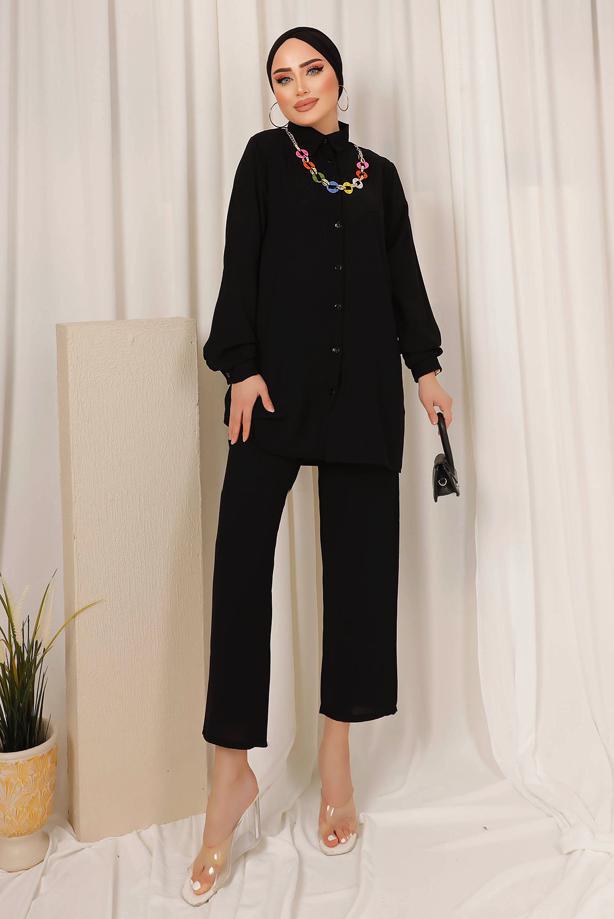 Tesettür giyim  RENKLİ ZİNCİR DETAYLI DÜĞMELİ PANTOLONLU TAKIM T 8303 - TRENDTESETTÜR