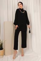 Tesettür giyim SİYAH RENKLİ ZİNCİR DETAYLI DÜĞMELİ PANTOLONLU TAKIM T 8303