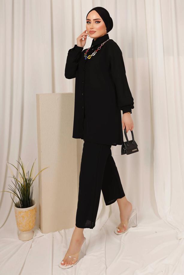 Tesettür giyim  RENKLİ ZİNCİR DETAYLI DÜĞMELİ PANTOLONLU TAKIM T 8303 - TRENDTESETTÜR