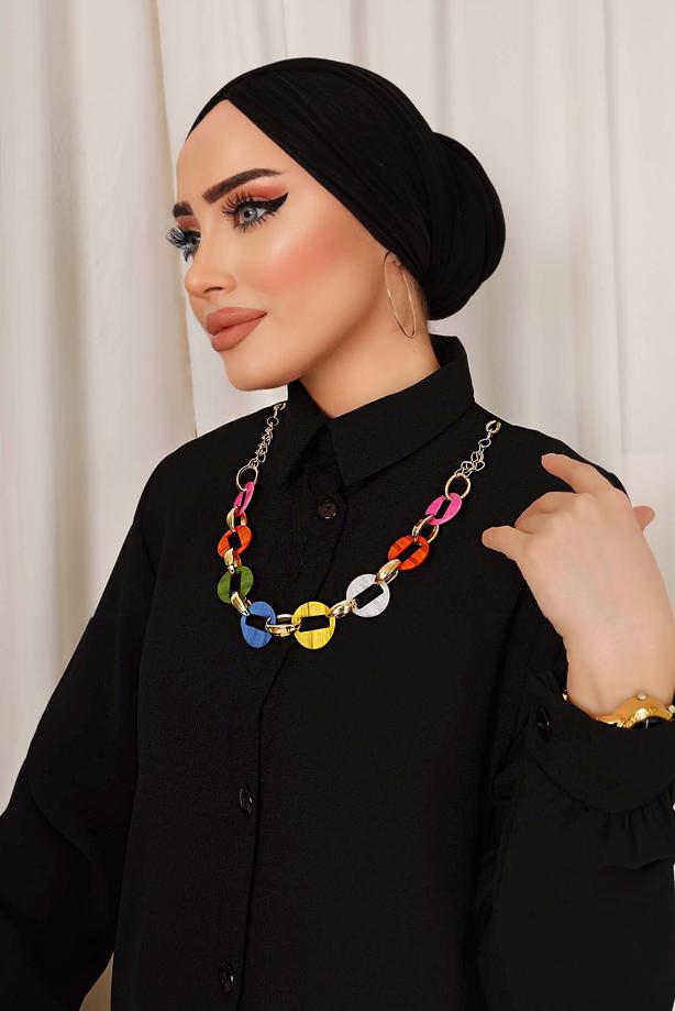 Tesettür giyim  RENKLİ ZİNCİR DETAYLI DÜĞMELİ PANTOLONLU TAKIM T 8303 - TRENDTESETTÜR