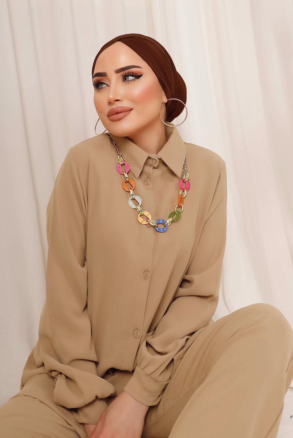 Tesettür giyim BEJ RENKLİ ZİNCİR DETAYLI DÜĞMELİ PANTOLONLU TAKIM T 8303