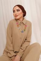 Tesettür giyim BEJ RENKLİ ZİNCİR DETAYLI DÜĞMELİ PANTOLONLU TAKIM T 8303