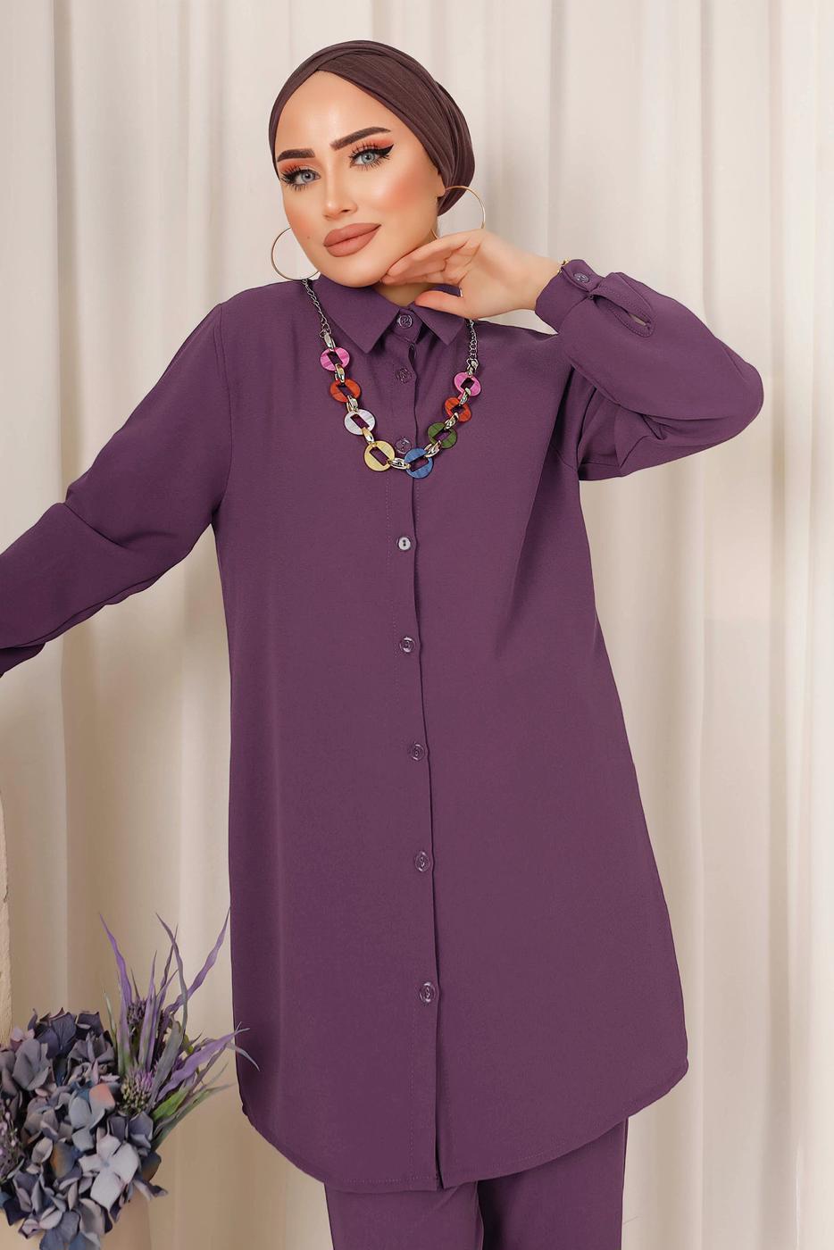Tesettür giyim MOR RENKLİ ZİNCİR DETAYLI DÜĞMELİ PANTOLONLU TAKIM T 8303