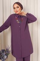 Tesettür giyim MOR RENKLİ ZİNCİR DETAYLI DÜĞMELİ PANTOLONLU TAKIM T 8303