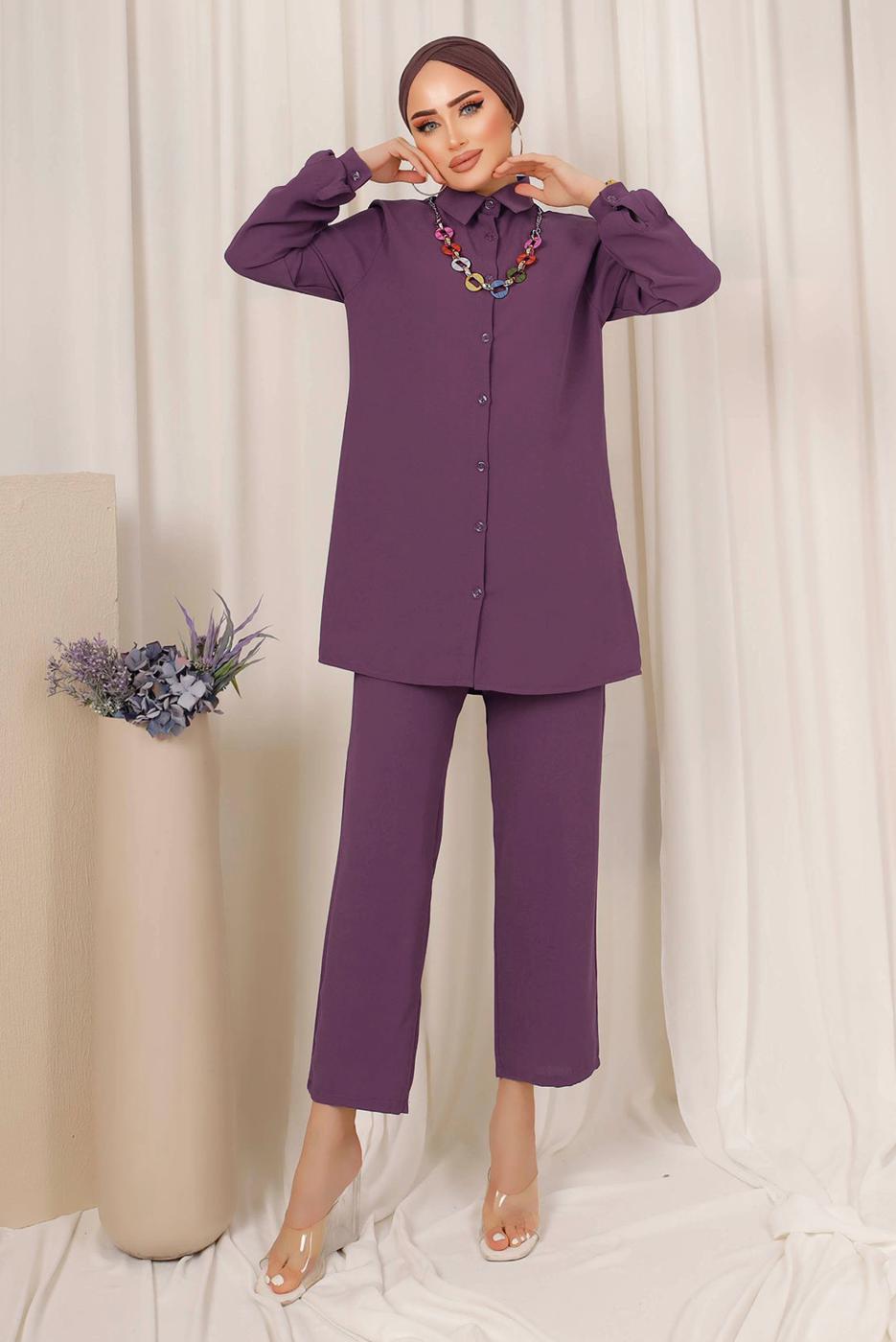 Tesettür giyim MOR RENKLİ ZİNCİR DETAYLI DÜĞMELİ PANTOLONLU TAKIM T 8303