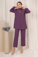 Tesettür giyim MOR RENKLİ ZİNCİR DETAYLI DÜĞMELİ PANTOLONLU TAKIM T 8303