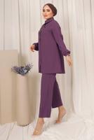 Tesettür giyim MOR RENKLİ ZİNCİR DETAYLI DÜĞMELİ PANTOLONLU TAKIM T 8303